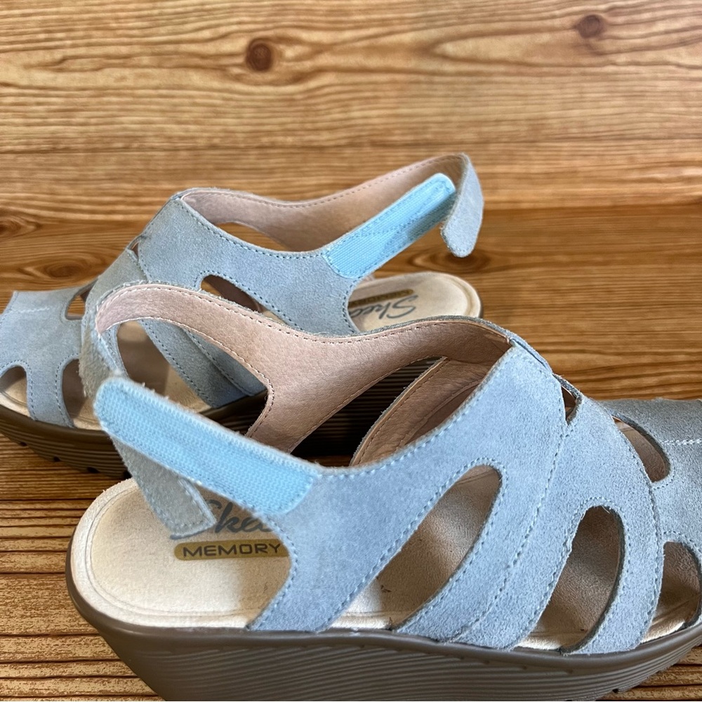 Skechers Parallel Wedge Sandals Light Blue Suede Peep Toe Slingback